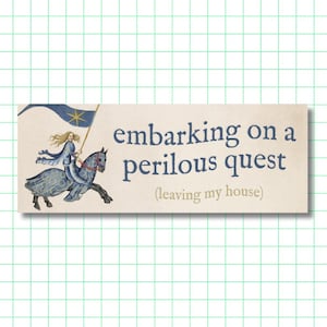 Peut inclure: Un autocollant rectangulaire avec une illustration de style médiéval représentant une personne aux longs cheveux à cheval tenant un drapeau bleu avec une étoile dorée. Le texte indique "embarking on a perilous quest (leaving my house)".