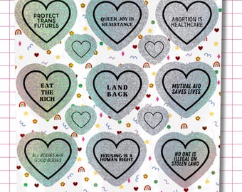 Social Justice Holographic Glitter Heart Stickers - Activist Laptop Decals