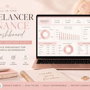 May include: A rose gold laptop shows a financial dashboard with charts and graphs. The image includes a notebook, pen, and a candle. Text reads "FREELANCER FINANCE Dashboard" and "Plan, Track, Grow Your Wealth."
