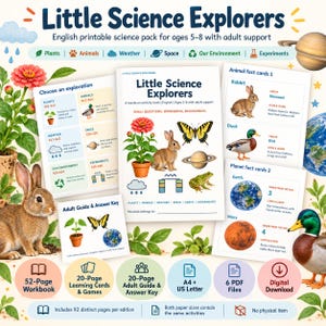 Może przedstawiać: Zestaw do druku Little Science Explorers zawierający zeszyt ćwiczeń na 52 stronach, 20 kart edukacyjnych i 20-stronicowy przewodnik dla dorosłych. Zawiera ilustracje królika, kaczki, motyla, żaby, Ziemi, Marsa i Saturna.