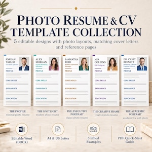 Pode incluir: Uma coleção digital de cinco modelos editáveis de currículo e CV com layouts de fotos, cartas de apresentação e páginas de referência. O texto inclui Photo Resume & CV Template Collection, com etiquetas para Profile, Core Skills, Experience e Education.