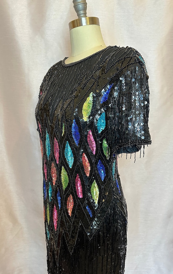 Glamorous 1980s silk fully beaded sheath dress. M… - image 4