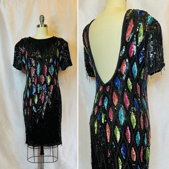 Glamorous 1980s silk fully beaded sheath dress. M… - image 1