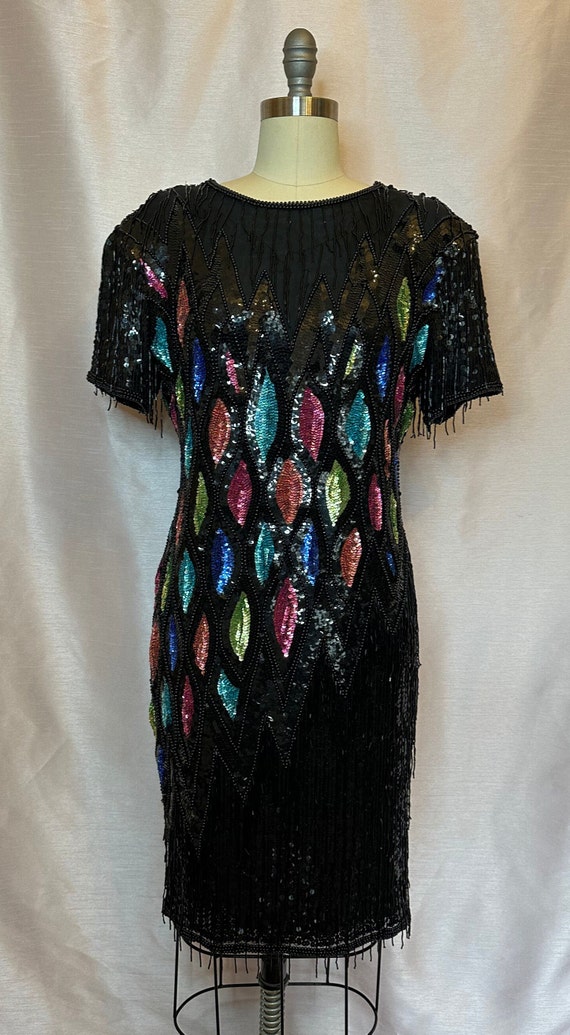 Glamorous 1980s silk fully beaded sheath dress. M… - image 2