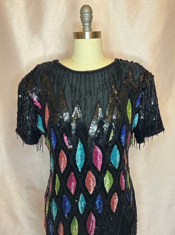 Glamorous 1980s silk fully beaded sheath dress. M… - image 3