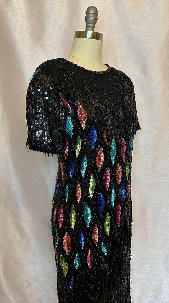 Glamorous 1980s silk fully beaded sheath dress. M… - image 6