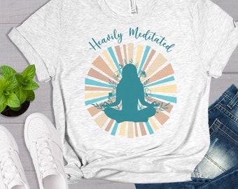 Heavily Meditated Retro Sunray Yoga Tshirt, Funny Meditation Pun Shirt, Yoga pose Floral apparel, Good Vibe tee, Humorous attire,