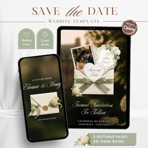 May include: A digital Save the Date website template for Canva displayed on a tablet and smartphone. The design features an envelope with a sage green ribbon, floral accents, and text including A Letter From Eleanor & Henry and 25 June 2027.