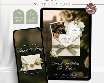 Plantilla web para anunciar la fecha de la boda con estilo clásico, sitio web de bodas en Canva, invitación con hortensias, formulario de dirección postal, cuenta regresiva.