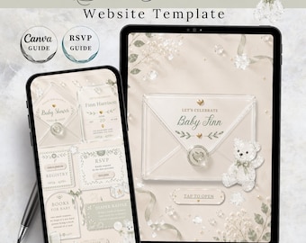 Plantilla de invitación para sitio web de baby shower de 4 páginas, invitación editable en Canva de color verde salvia, registro de asistencia con oso de vidrio acrílico para baby shower.