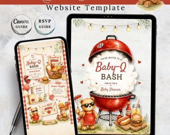Plantilla de sitio web para baby shower Baby-Q, tema barbacoa, invitación editable en Canva con RSVP y registro para baby shower de niño, 4 páginas animadas