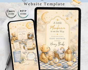 Plantilla web para baby shower "Twinkle Twinkle", invitación editable de 4 páginas en Canva, tema de osito de peluche y luna, confirmación de asistencia y registro.