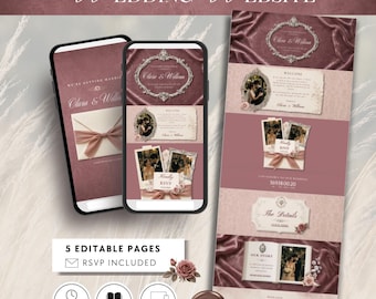 Plantilla de sitio web de boda rosa empolvado en Canva, sitio web de boda romántico vintage, formulario de confirmación de asistencia, invitación de boda de estilo clásico.
