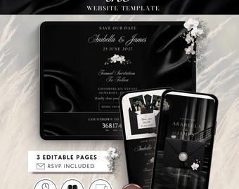 Plantilla web Canva para guardar la fecha de boda con etiqueta elegante, sitio web para bodas de familias adineradas, confirmación de asistencia para bodas de lujo, invitación de boda editable.