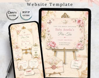 Plantilla web de 4 páginas para baby shower con temática de flores silvestres "Baby in Bloom", invitación para brunch de bebé, confirmación de asistencia y registro de regalos editables en Canva para niña.