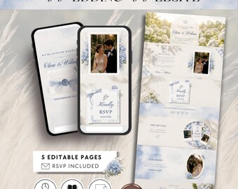 Plantilla de sitio web para bodas en los Hamptons costeros, sitio web de bodas en Canva, sitio web para confirmar asistencia, boda con hortensias azules, boda con gente de clase alta