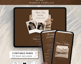 Plantilla de sitio web de boda "Reserva la fecha" en Canva, sitio web de boda Cashmere & Mocha, formulario de confirmación de asistencia con dirección postal, Quiet Luxury