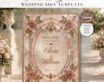 Modello di cartello di benvenuto per matrimonio in vetro colorato, cartello per matrimonio modificabile su Canva, cartello floreale con rose, modello in vetro stampabile fai da te in 3 dimensioni