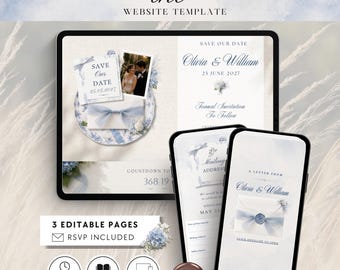 Plantilla de sitio web para anunciar la fecha de la boda en Canva, sitio web de boda en azul costero, formulario de dirección postal, sitio web de boda editable, Hamptons