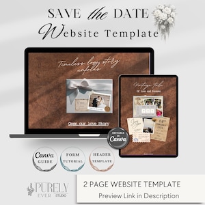 May include: A laptop and tablet display a wedding website template. The laptop screen shows a photo with a bow and the text "Timeless love story unfolds." The tablet displays a vintage-style design with photos and text. The design includes the text "Save the Date" and "2 Page Website Template."
