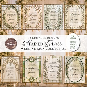 May include: A collection of ten editable wedding signs featuring stained glass patterns with floral borders and text reading Welcome to the wedding of Madison & James 25.06.2027. The signs are available in 16x20, 18x24, and 24x36 inch sizes.