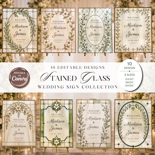 Stained Glass Wedding Welcome Sign Bundle, 10 Canva Templates, Editable Floral Collection, 16x20 18x24 24x36 Printable PDF