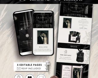Plantilla de sitio web para bodas de etiqueta en Canva, sitio web para bodas de familias adineradas, sitio web de confirmación de asistencia de lujo, invitación de boda editable de 5 páginas.