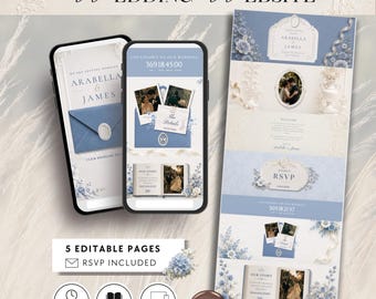 Plantilla de sitio web de boda de porcelana azul, sitio web de boda de estilo clásico en Canva, invitación de boda de porcelana fina inglesa, confirmación de asistencia, sitio web de 5 páginas
