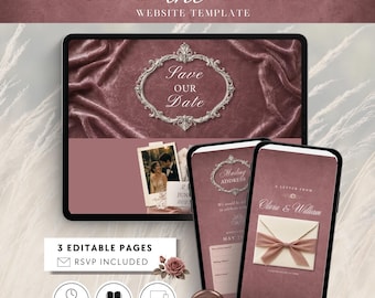 Plantilla web Dusty Rose para anunciar la fecha de tu boda, sitio web de boda Old Money en Canva, invitación de boda Rose, confirmación de asistencia incluida.