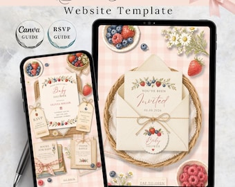 Invitación para baby shower con temática de jardín de bayas (sitio web de 4 páginas), plantilla de Canva para picnic de fresas con confirmación de asistencia y registro, baby shower para niña.