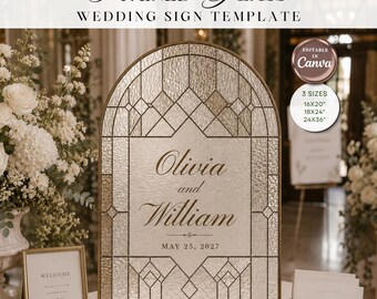 Modello di cartello di benvenuto per matrimonio in stile Art Déco con effetto vetro colorato, cartello ad arco per matrimonio modificabile su Canva, modello in vetro stampabile fai-da-te in 3 dimensioni