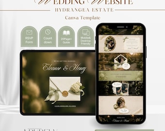 Plantilla web para bodas de la vieja aristocracia, sitio web de bodas en Canva, formulario de confirmación de asistencia, sitio web para invitaciones de boda, tema Hydrangea Estate.