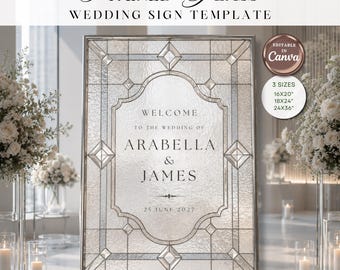 Modello di cartello di benvenuto per matrimonio con effetto vetro colorato al piombo, cartello per matrimonio modificabile su Canva, motivo vetro smussato stampabile in 3 dimensioni