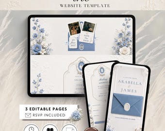 Plantilla web de invitación de boda "Reserva la fecha" en porcelana azul, sitio web de boda "Old Money" en Canva, sitio web de invitación de boda, RSVP incluido.
