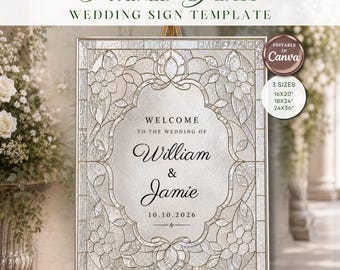 Modello di cartello di benvenuto per matrimonio effetto vetrata, cartello per matrimonio modificabile su Canva, modello fai da te effetto vetro, decorazione per matrimonio stampabile in 3 dimensioni