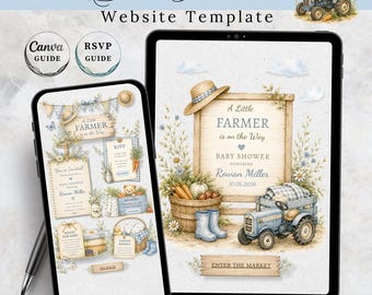 Plantilla de sitio web para baby shower "Pequeño Granjero" de 4 páginas, invitación para baby shower con tractor azul en Canva, confirmación de asistencia y registro incluidos.