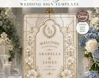 Modello di cartello di benvenuto per matrimonio in vetro colorato, cartello per matrimonio modificabile su Canva, cartello ad arco con monogramma, modello in vetro stampabile fai da te in 3 dimensioni