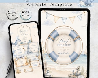 Plantilla de invitación para sitio web de baby shower "Ahoy It’s a Boy", invitación editable de 4 páginas en Canva, incluye confirmación de asistencia y registro de regalos con temática náutica.