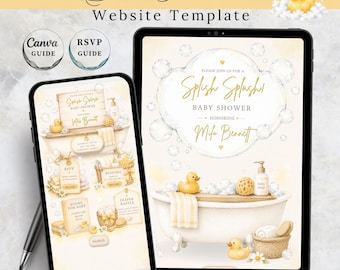 Plantilla web para invitación de baby shower con diseño de patito de goma, invitación editable de 4 páginas en Canva, incluye confirmación de asistencia y registro para baby shower con temática de la hora del baño.