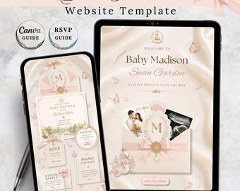 Plantilla de sitio web para baby shower Swan Princess Garden, invitación editable de 4 páginas para niña en Canva, sitio web elegante rosa para confirmación de asistencia y registro de regalos.