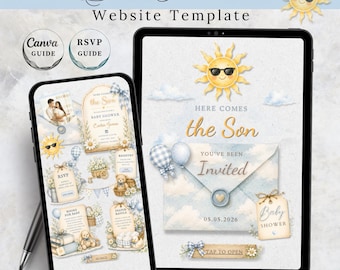 Plantilla de sitio web para baby shower "Here Comes The Son", invitación para baby shower de niño "Blue Sunshine" con registro RSVP editable en Canva, baby shower de 4 páginas