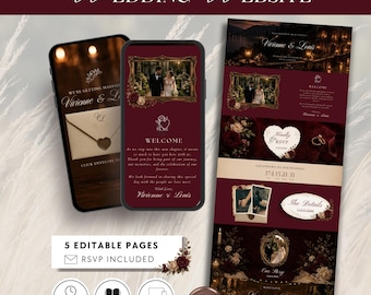 Plantilla de sitio web de bodas en Canva, invitación de boda de estilo clásico, sitio web de confirmación de asistencia en color burdeos, plantilla interactiva para sitio web de bodas.