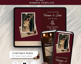Plantilla web Canva para anunciar la fecha de la boda en color burdeos, invitación de boda tradicional para anunciar la fecha, invitación de boda digital, sitio web para confirmar asistencia.