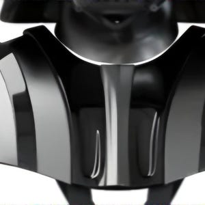 May include: A black bust of a character featuring a glossy helmet and a smooth, curved chest plate. The armor displays reflective surfaces with distinct vertical panels and a dark, polished finish that captures light across its contoured structure.