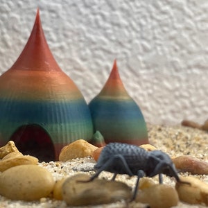 May include: A miniature scene with two rainbow-colored dome-shaped structures, a white crystal, and a gray bug on a sandy surface with small rocks.