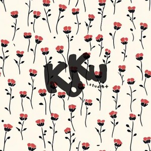 May include: A repeating pattern of red and black flowers on a cream background. The flowers have red petals and black stems and leaves. The text "Kku studio+" is overlaid on the pattern in black.