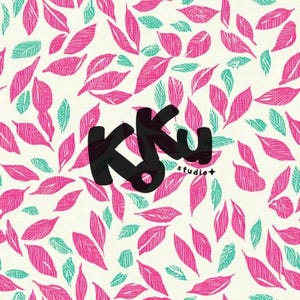May include: A repeating pattern of pink and teal leaves on a cream background. The black text "Kku studio+" is overlaid on the design. The leaves have a textured, hand-drawn appearance.