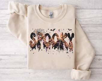Spooky Sweatshirt, Halloween Leopard Print Spooky, Retro Dripping Letters, Spooky Leopard Drip