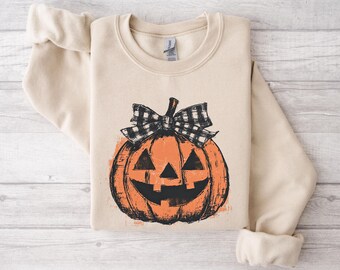 Retro Preppy Fall Pumpkin, Halloween Jack O' Lantern, Checkered Bow Pumpkin, Pumpkin Sweatshirt
