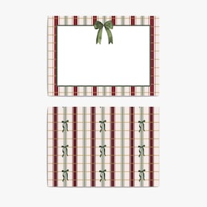May include: Two rectangular cards with a plaid pattern in red, green, and beige. The top card has a white interior with a green bow. The bottom card has a repeating pattern of green bows.